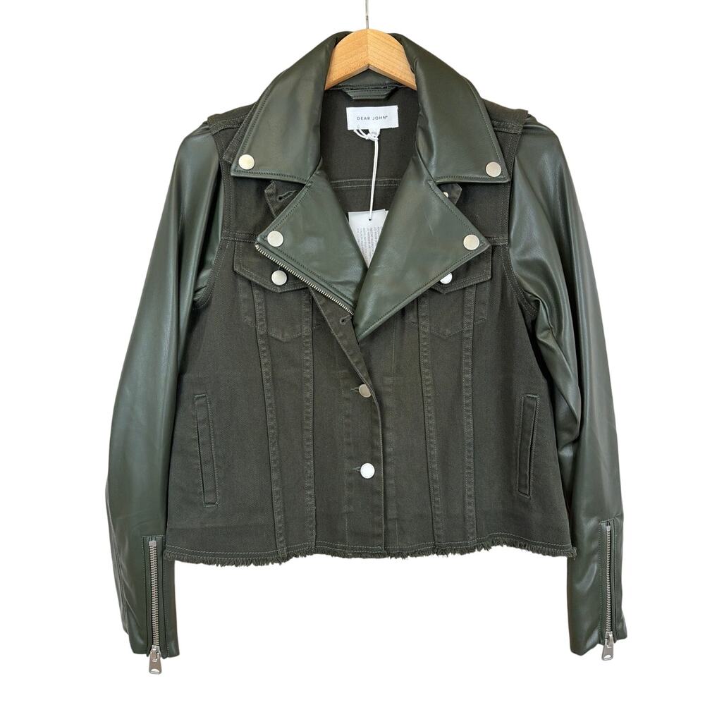 NWT Dear John Green Denim Vegan Leather Mixed Material Biker Moto Jacket S